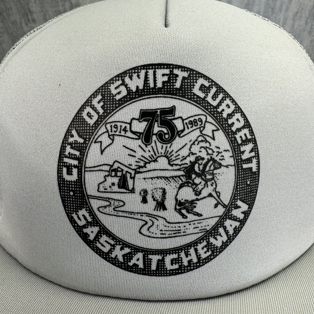 City Of Swift Current 75 Years 3 Three Stripe Trucker Mesh SnapBack Vtg Hat Cap - Picture 6 of 9
